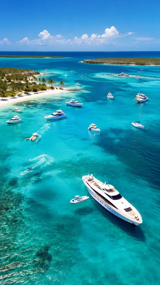 A white yacht anchored in clear turquoise water beside sandy shallows and small islands, seen from above