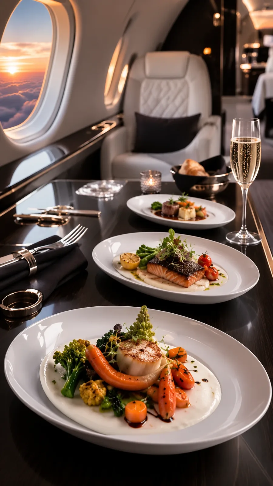 Three plated dishes and a glass of champagne served on a table in a private jet cabin