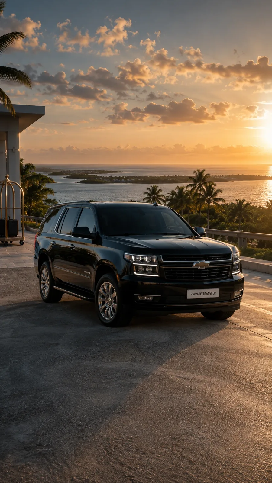 A black SUV marked Private Transfer parked on a terrace at sunset with palms and the sea behind it