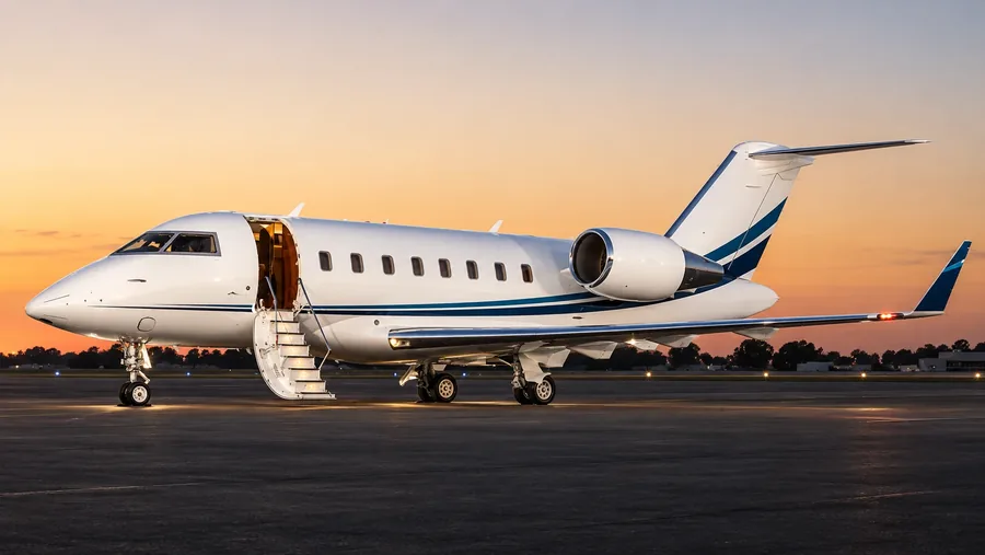 A Bombardier Challenger 650 heavy jet with its stairs down at sunset