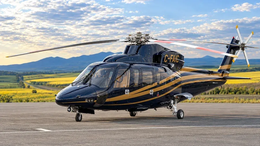 A dark blue and gold Sikorsky S-76 helicopter on a field apron
