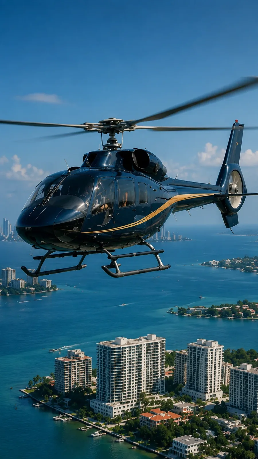 A dark blue helicopter with a gold stripe flying over Miami Bay with high-rise buildings below