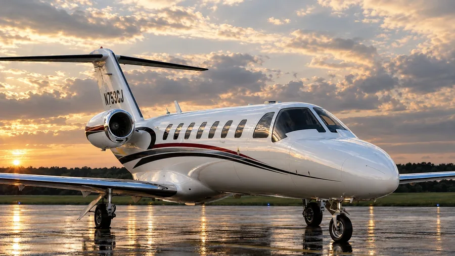 A Cessna Citation CJ3 light jet on a wet ramp at sunset