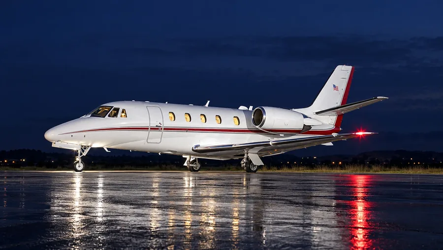 A Cessna Citation Excel midsize jet on a wet ramp at night