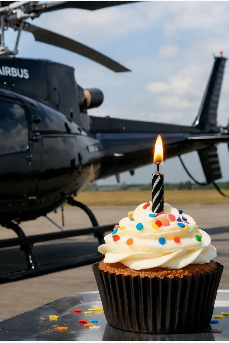 A cupcake with a lit candle in front of a dark helicopter on an airfield