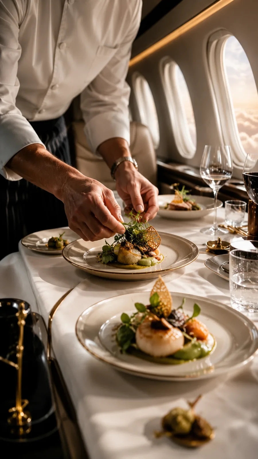 A chef plating a seared scallop dish at a table set in a private jet cabin