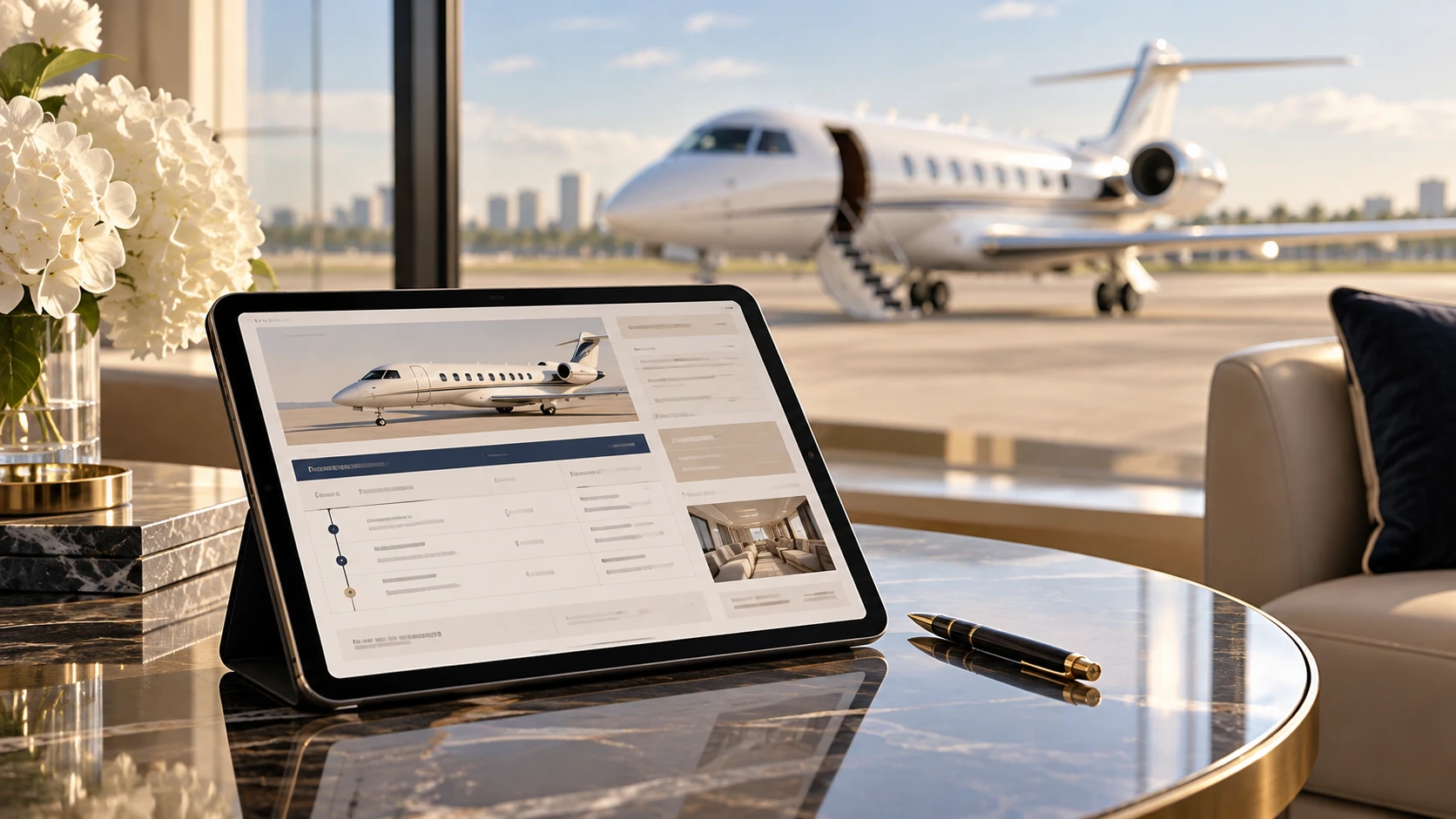 A tablet showing a private jet booking in an airport lounge, with the jet on the apron behind it
