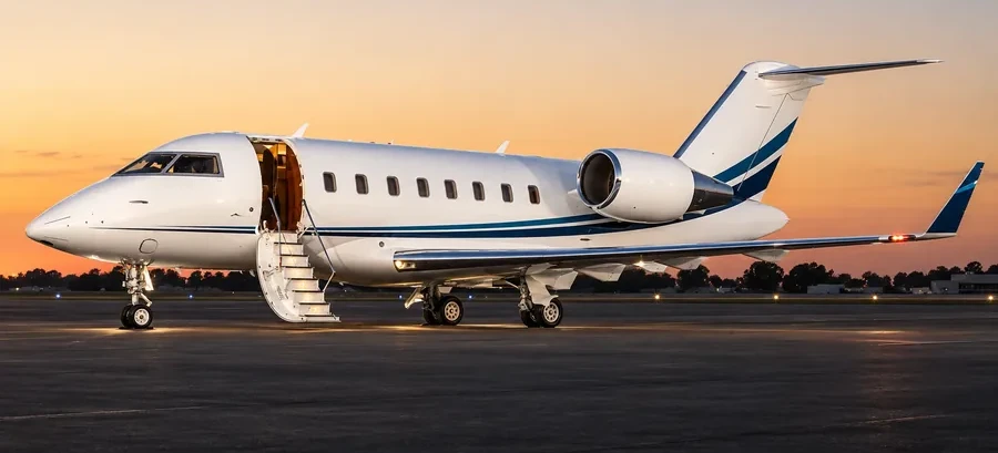 A private jet with its stairs down on the ramp at sunset