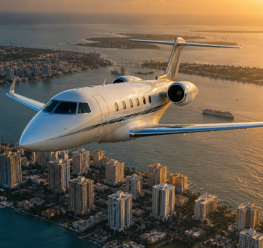 A white private jet in flight over the Miami waterfront at sunset, high-rises and the bay below it