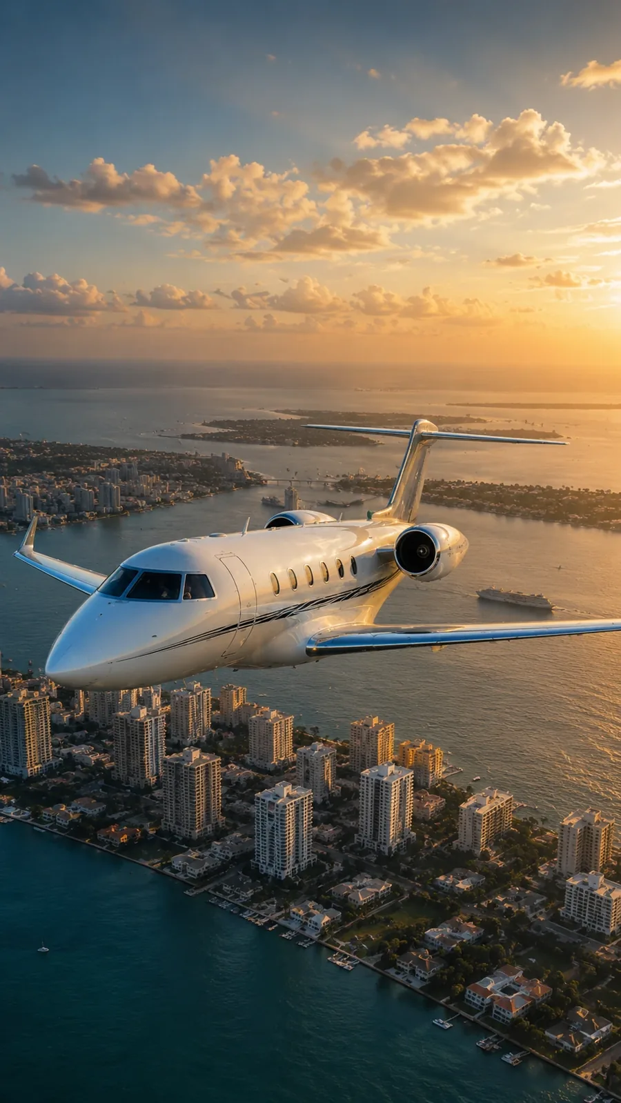 A white private jet in flight over Miami at sunset with the waterfront and high-rises below