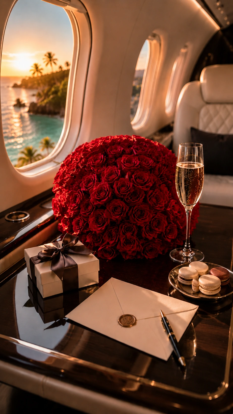 A bouquet of red roses, a glass of champagne and a wrapped gift on a table beside a private jet window at sunset