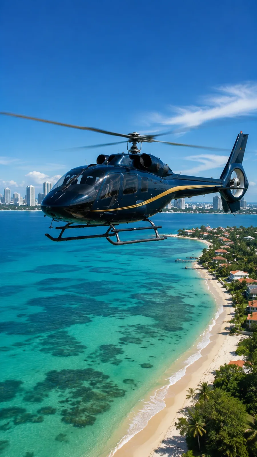 A dark blue helicopter with a gold stripe flying over a turquoise reef and a long sandy beach