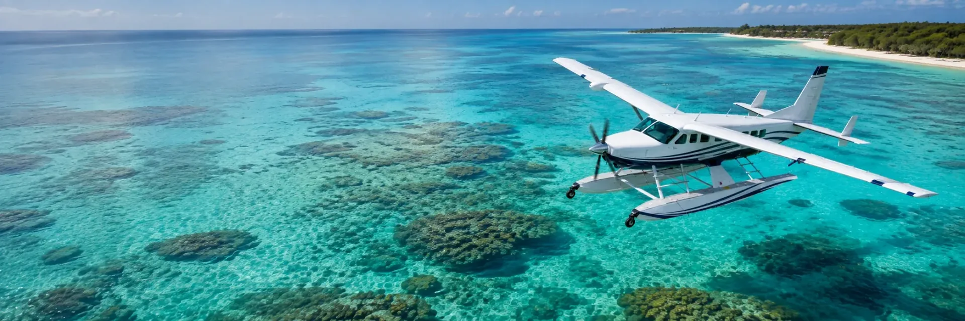 A seaplane in flight over turquoise water and reefs near a sandy island