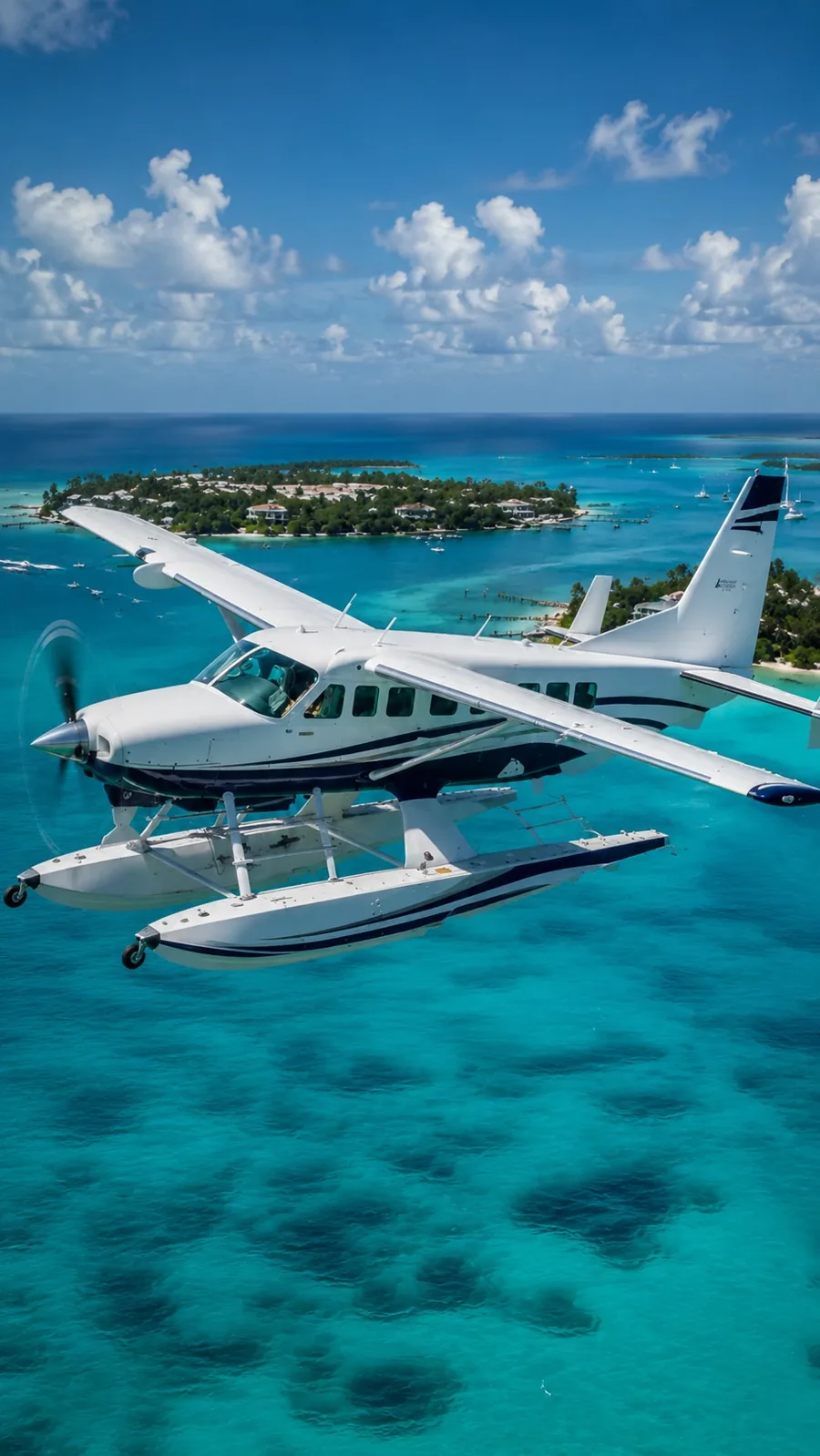 A white and blue seaplane in flight over turquoise reef water, a small green island behind it