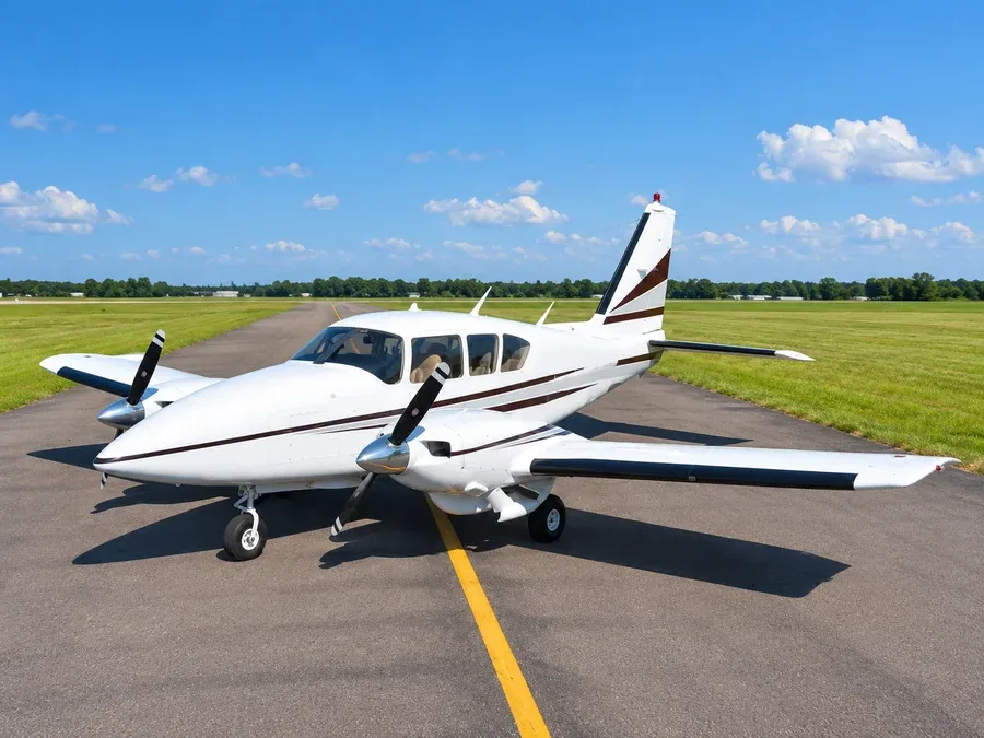 A Beechcraft Baron 58 twin piston plane on a taxiway