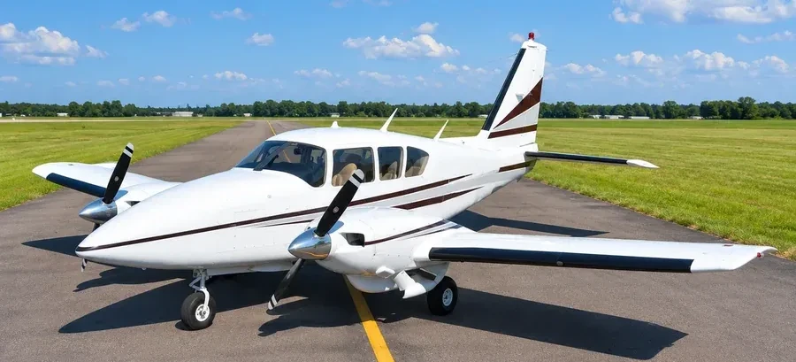 A twin-engine small plane on the apron before departure