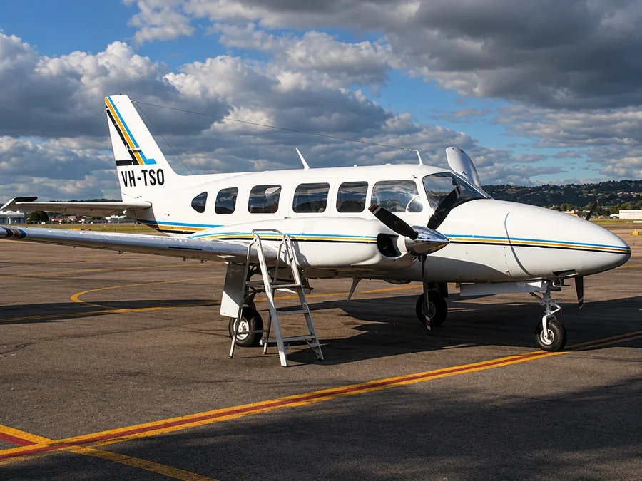 A Piper Chieftain twin piston plane with its stairs down