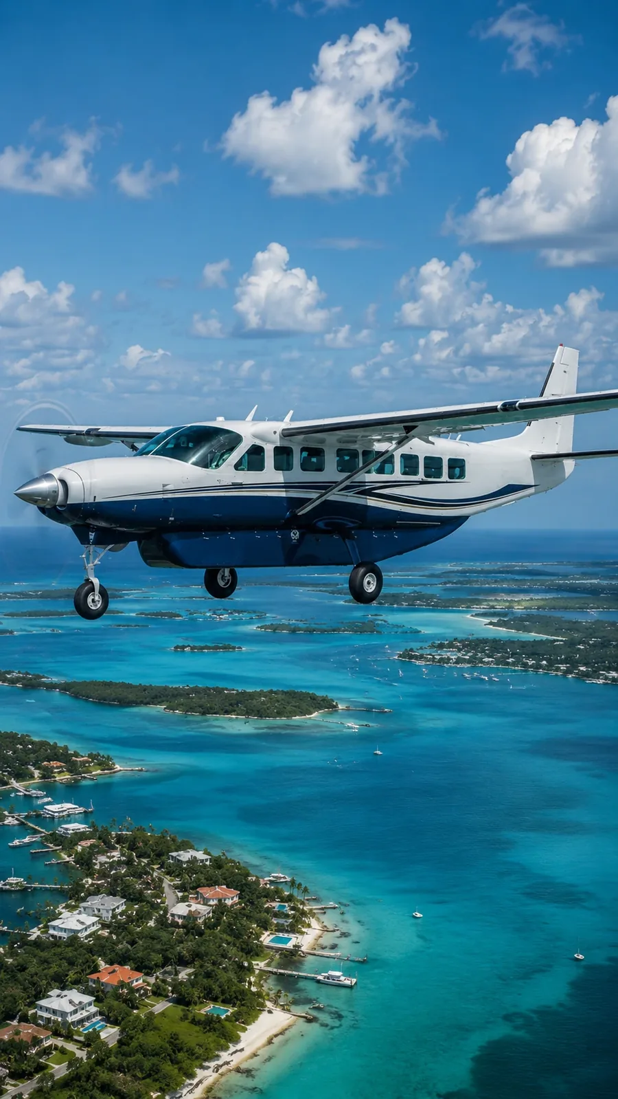 A blue and white Cessna Grand Caravan flying over islands and turquoise water in the Bahamas